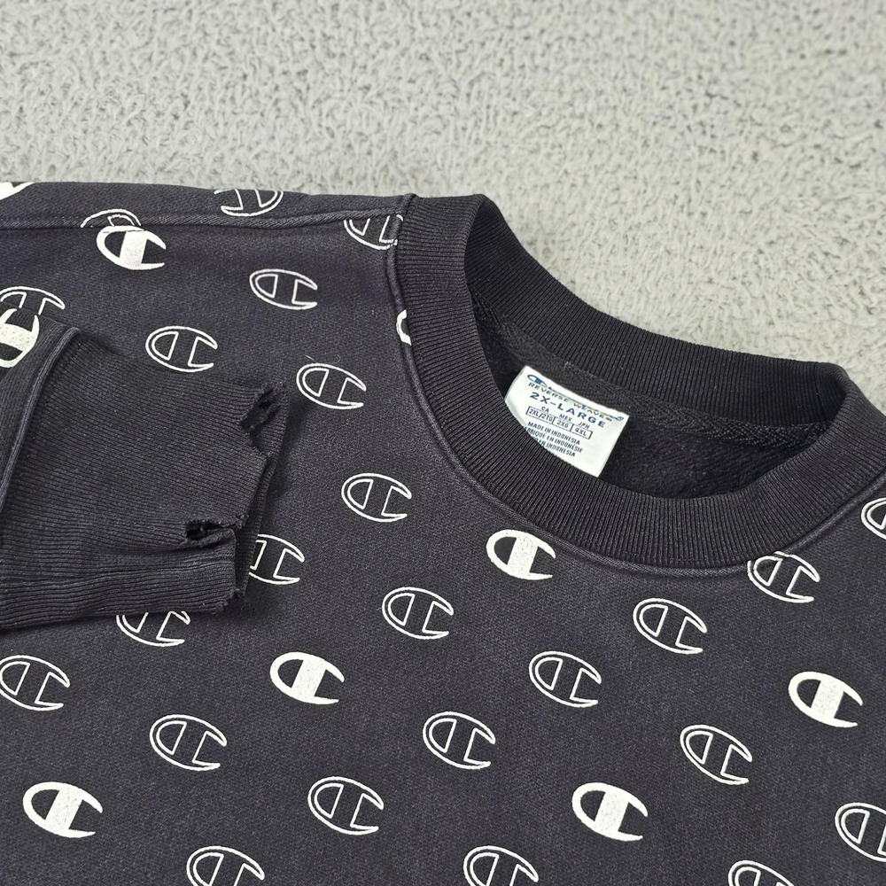 Champion Reverse Weave Sweatshirt Mens 2XL Black All Over Logo Pullover Graphic